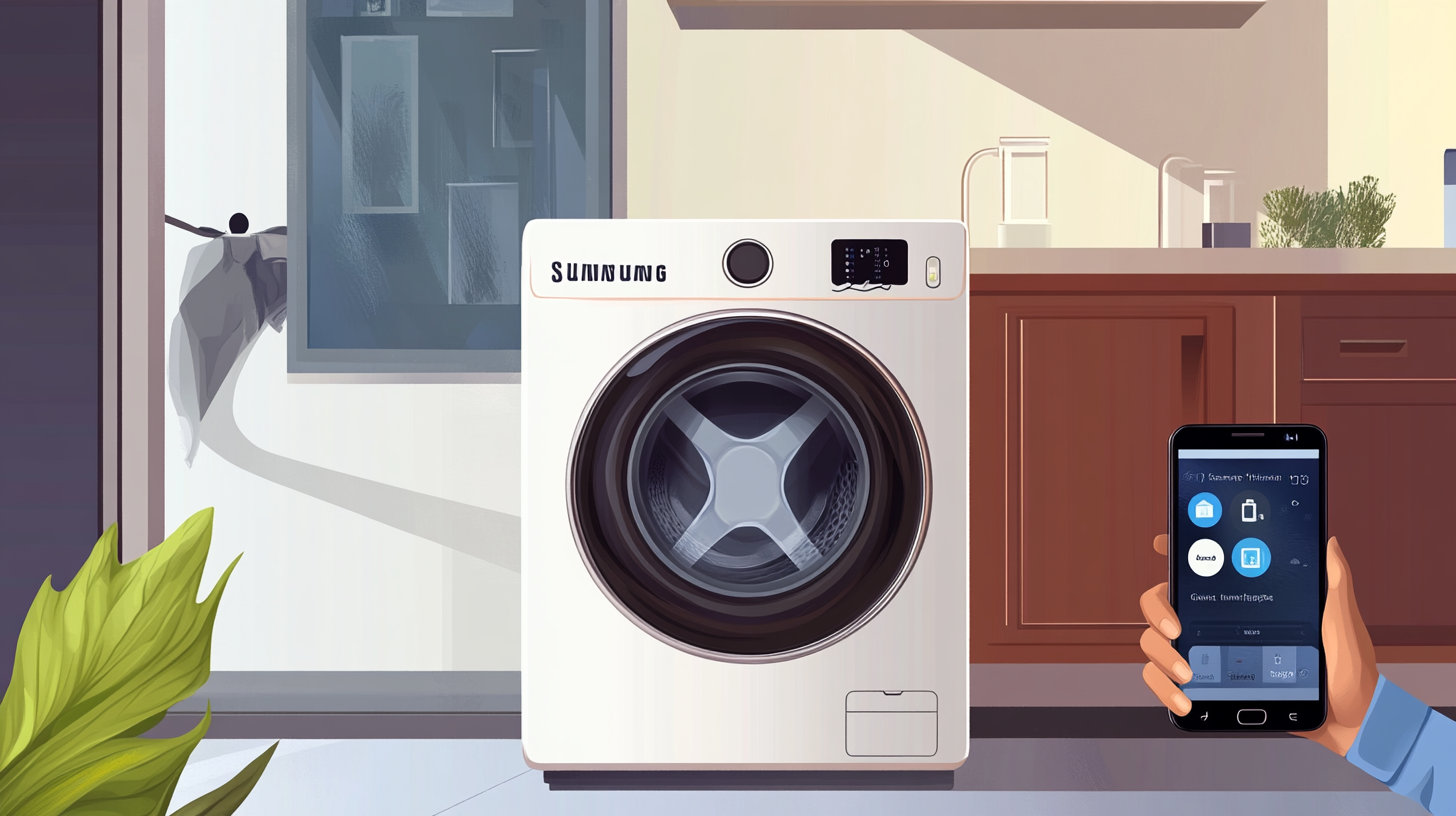 스마트홈 환경에서 삼성 세탁기가 SmartThings 앱에 연결되어 있으며, 사용자가 스마트폰으로 원격으로 조작하는 모습의 일러스트.