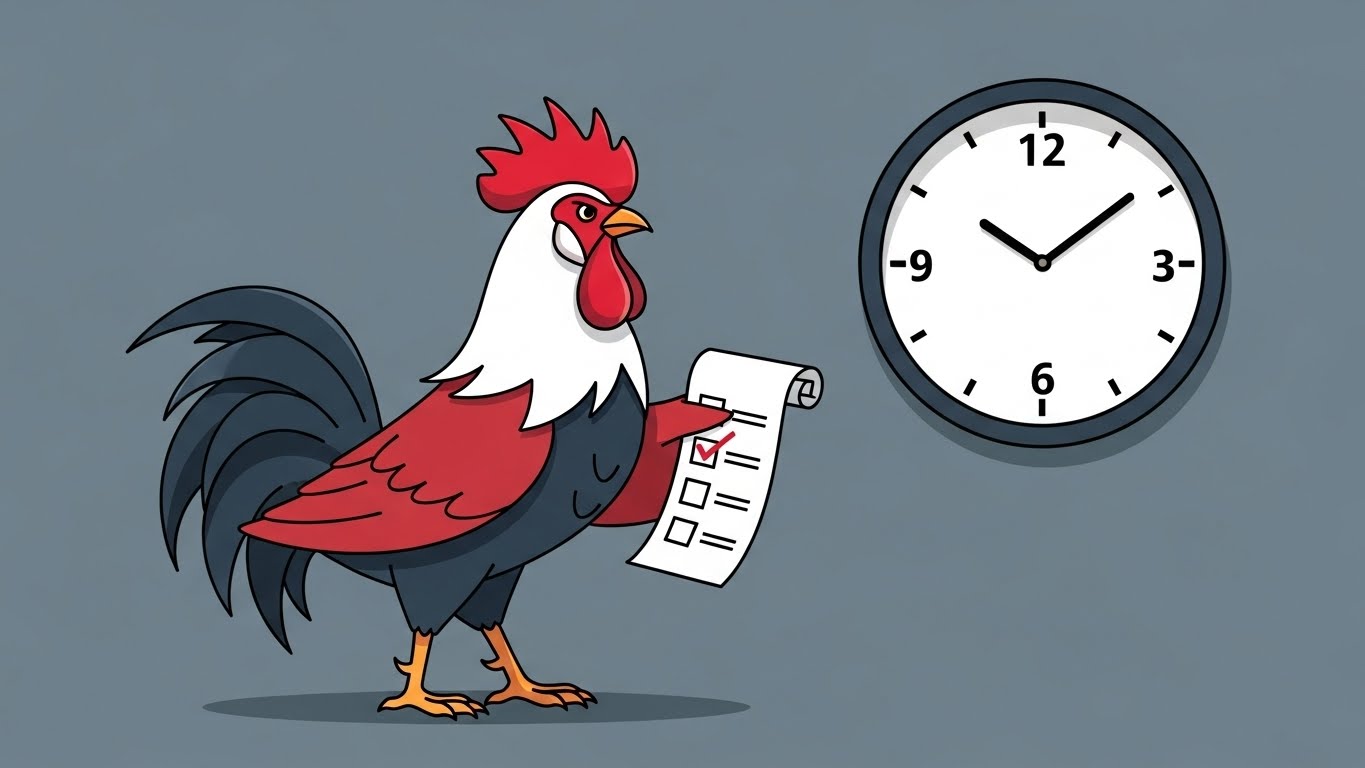 시계와 체크리스트로 일정을 관리하는 꼼꼼한 닭 캐릭터의 2D 플랫 벡터 일러스트