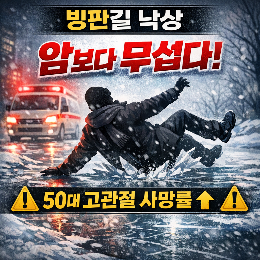 겨울 빙판길에서 넘어지는 중년 남성 실루엣과 &lsquo;낙상, 암보다 무섭다&rsquo; 경고 문구가 강조된 건강 뉴스형 썸네일