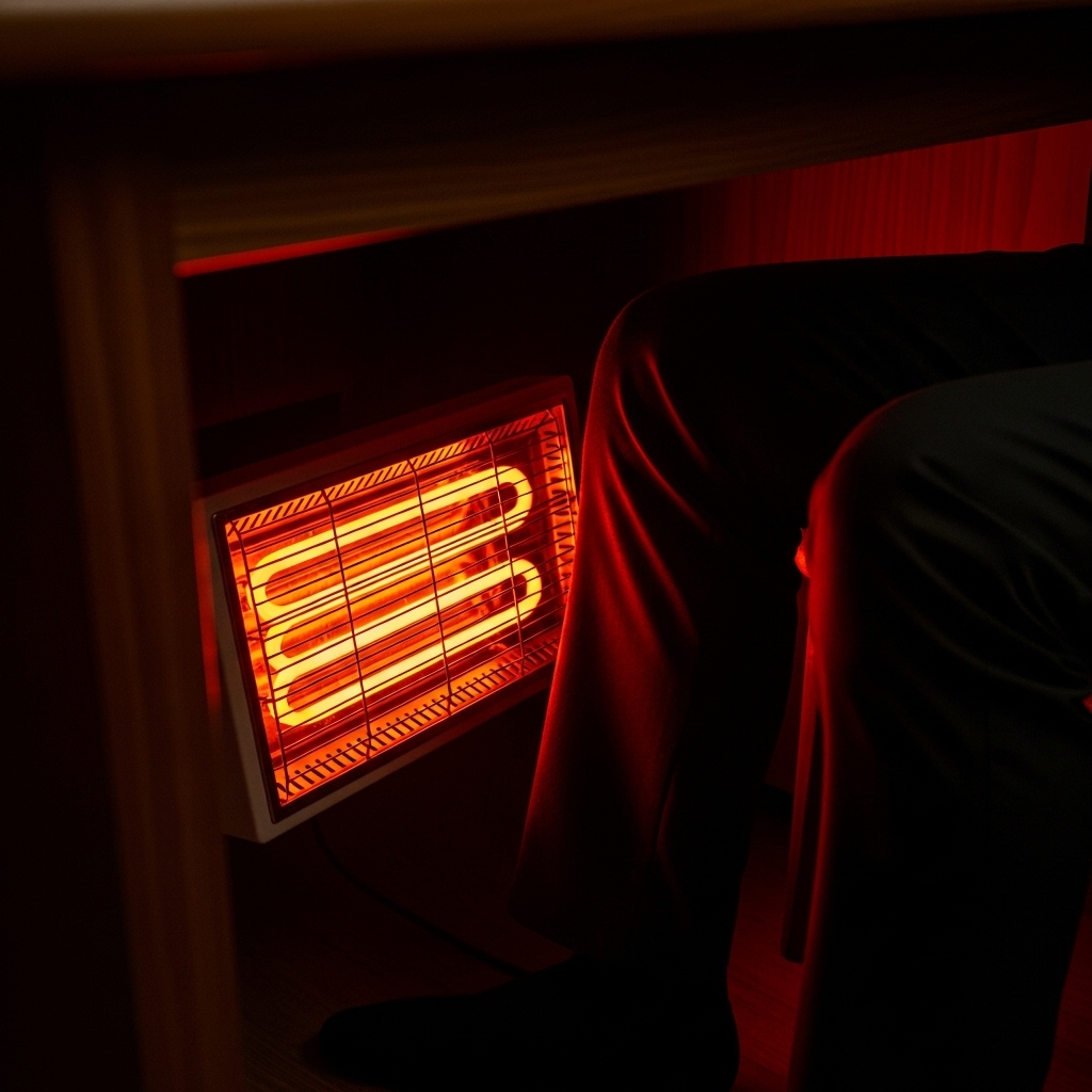 책상 아래 전기 히터와 다리 사이의 위험한 거리