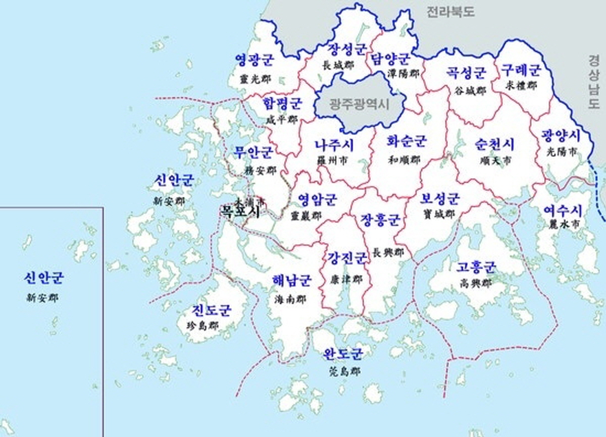 전라남도의 시군별 행정구역을 보여주는 지도
