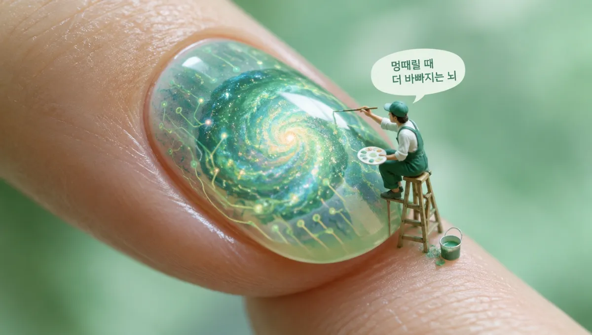 휴식 중에도 활발하게 기억을 정리하고 아이디어를 결합하는 뇌의 자동 생각 모드를 손톱 위 미니어처 아티스트로 표현한 개념 이미지