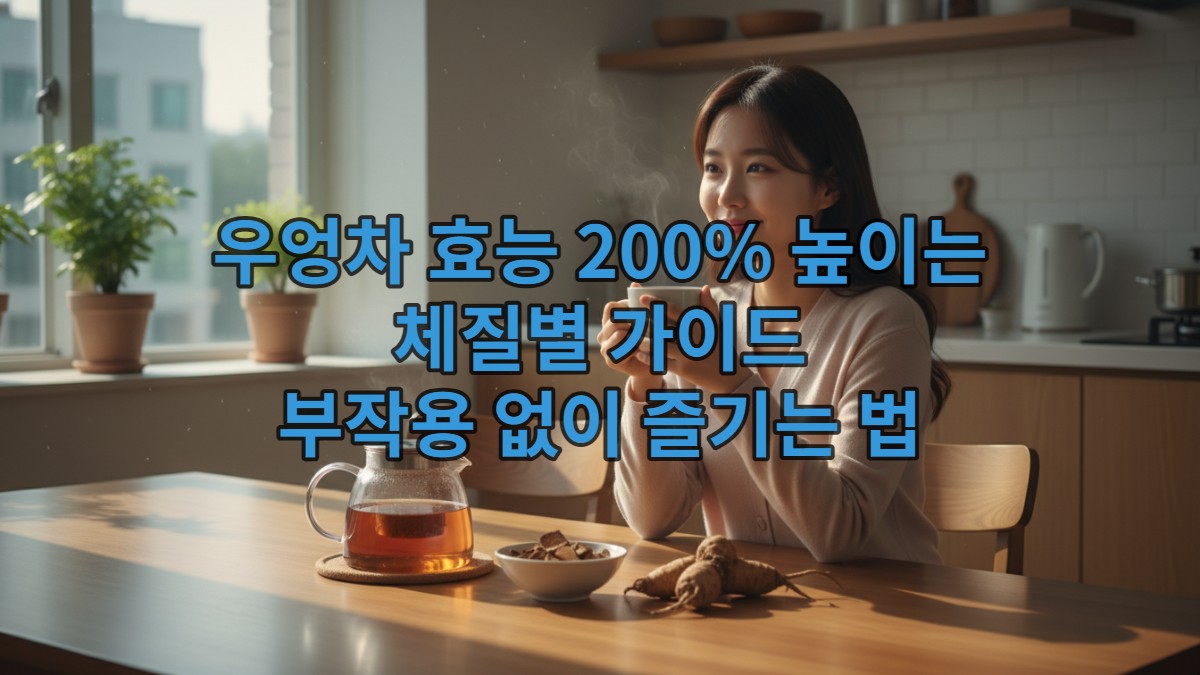 따뜻한 우엉차를 들고 미소 짓는 한국 여성, 건강한 우엉차 한 상차림.