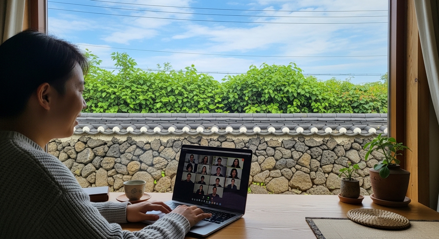 제주도 전통 돌담과 푸른 하늘이 보이는 창가에서 노트북으로 온라인 회의에 참여하는 사람의 모습. 제주 워케이션의 한 장면.