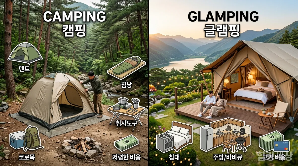 캠핑과 글램핑의 예상 비용과 필수 준비물을 비교하는 인포그래픽