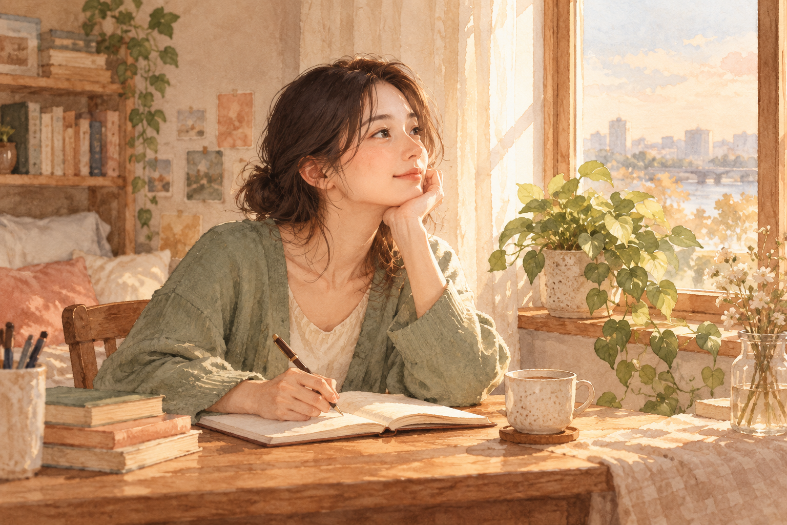 창가에서 일기를 쓰며 자신의 마음을 돌아보는 수아의 수채화 삽화