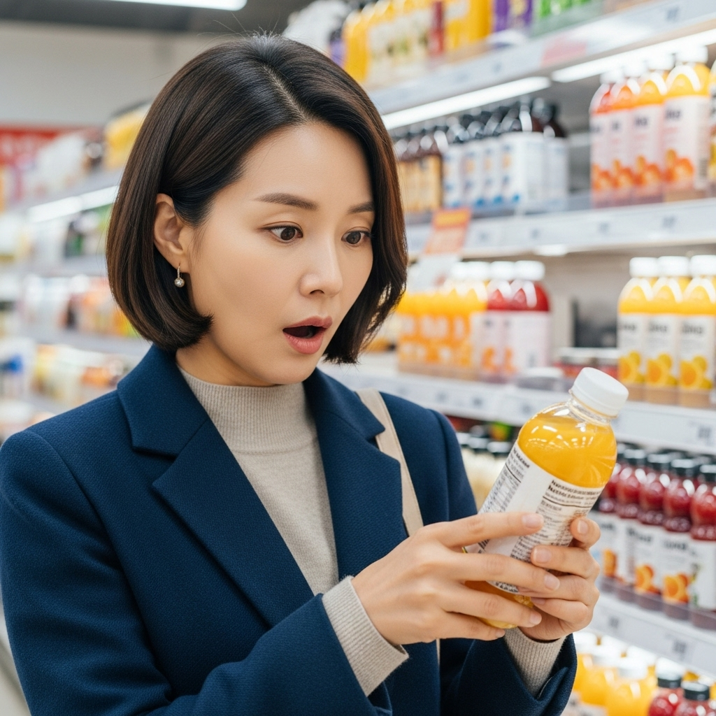 한 40대 한국인 여성이 마트 음료 코너에서 과일주스 병을 들고 뒷면의 영양성분표를 보며 놀라는 모습