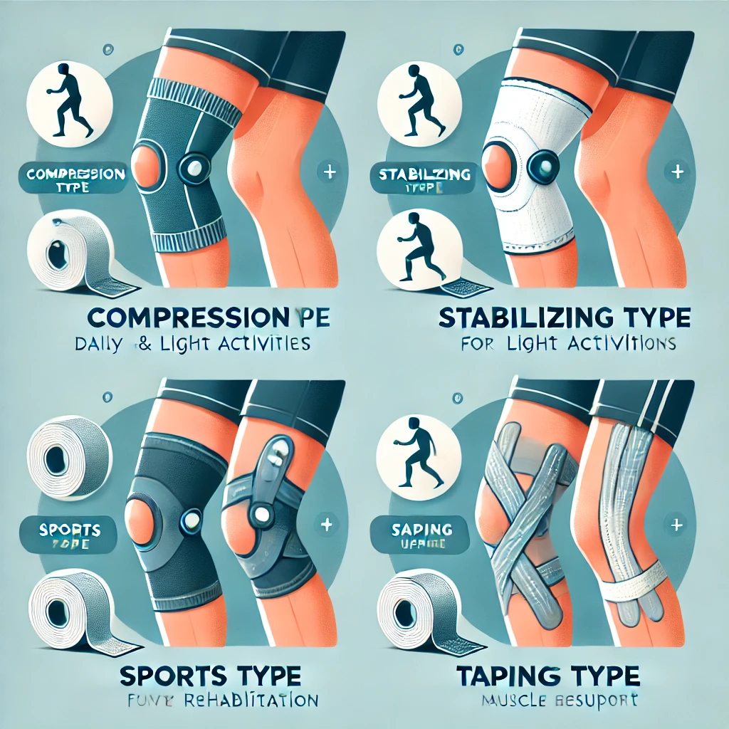 압박형 ,고정형,스포츠형 보호대와 테이핑한 무릎 비교 이미지