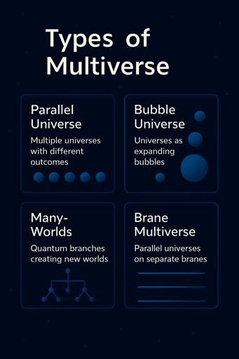다중우주의 종류를 설명하는 인포그래픽. 평행우주, 거품우주, 다세계 해석, 브레인 다중우주 개념을 시각적으로 정리한 다이어그램