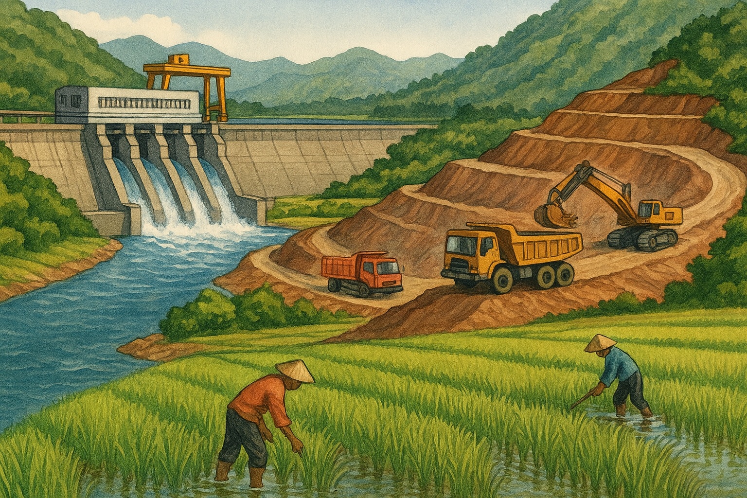 라오스의 주요산업인 전력산업과 농업 등을 한 컷에 담은 반사실적 이미지