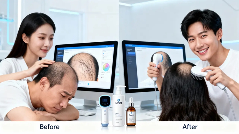 빠지는 머리카락에 스트레스 받던 중장년 남녀가 AI 기반 스마트 두피 케어로 풍성하고 건강한 모발을 되찾는 Before/After 모습. 탈모 관리와 AI 홈케어.