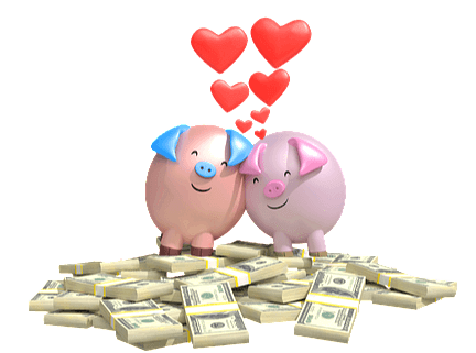 분홍 돼지 저금통 2개가 웃고있고, 바닥에는 수많은 달러지폐들이 쌓여있다.