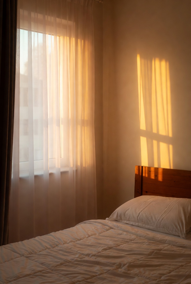 커튼 사이로 햇빛이 들어오는 침실 공간