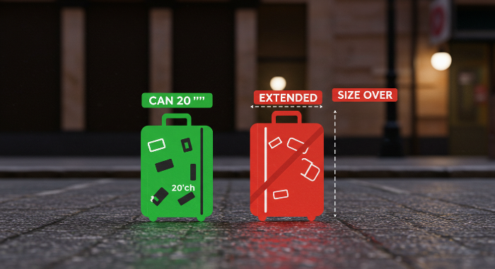 확장형 캐리어의 사이즈 초과 위험을 보여주는 아이콘