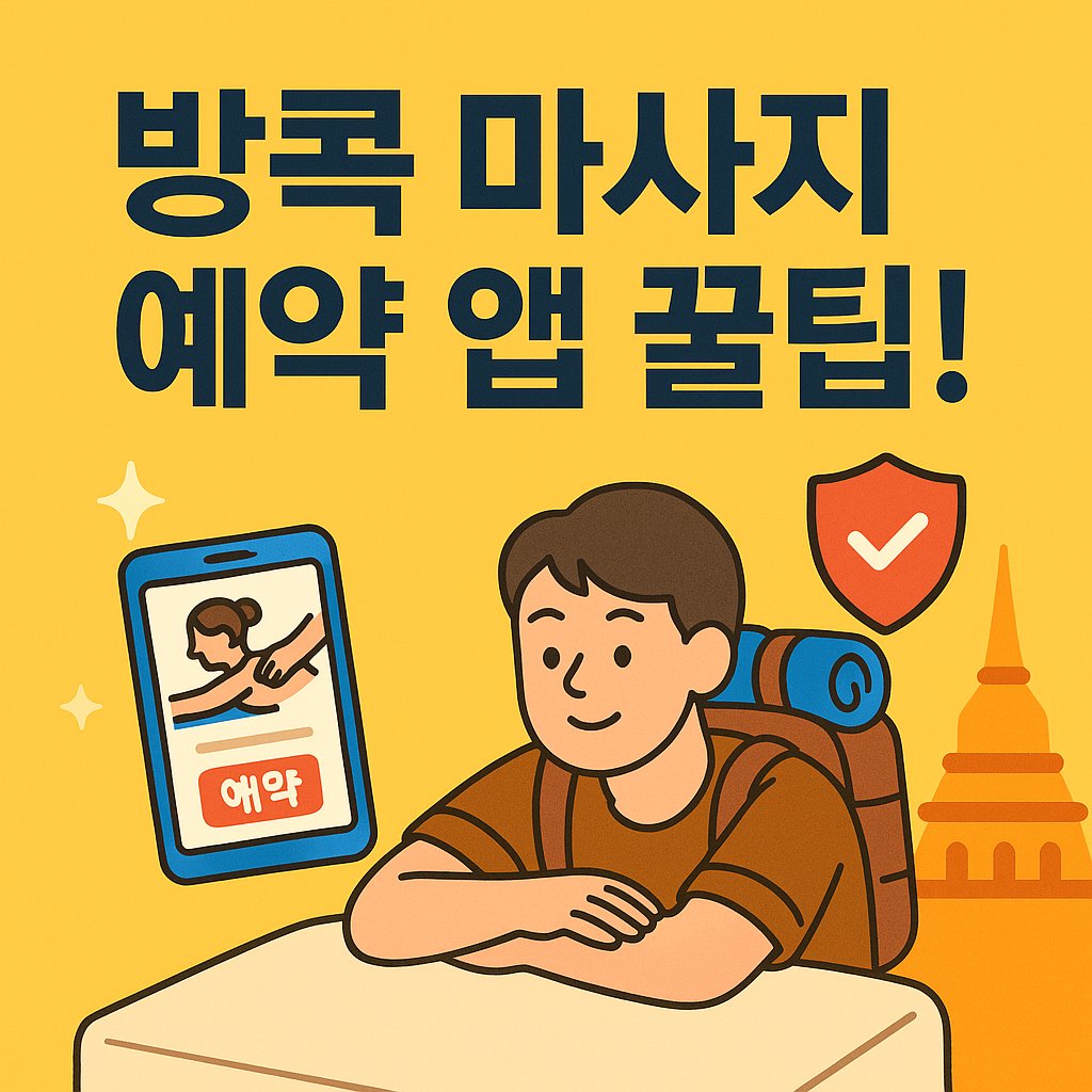 방콕 마사지 예약 앱 정보를 안내하는 썸네일 이미지로, 밝은 노란 배경에 여행자가 등장하며 예약 앱 화면과 태국 사원이 함께 구성된 감각적인 디자인입니다.