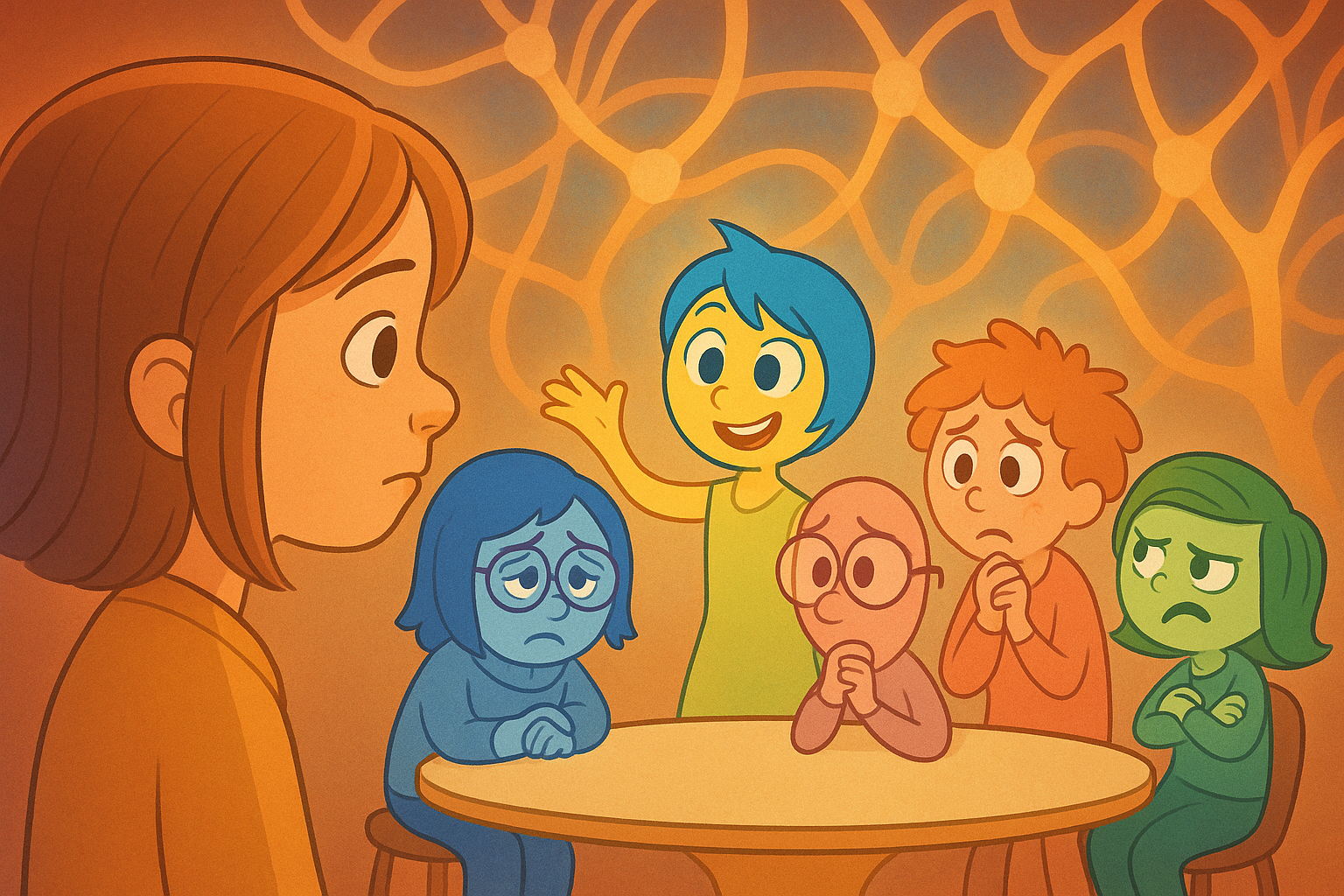 사춘기 소녀의 뇌 안에서 감정 캐릭터들이 회의 중인 장면을 표현한 애니메이션 스타일 일러스트. 뇌 신경망 배경 속에서 기쁨, 슬픔, 불안, 혐오, 두려움이 각자의 감정을 드러내고 있음.