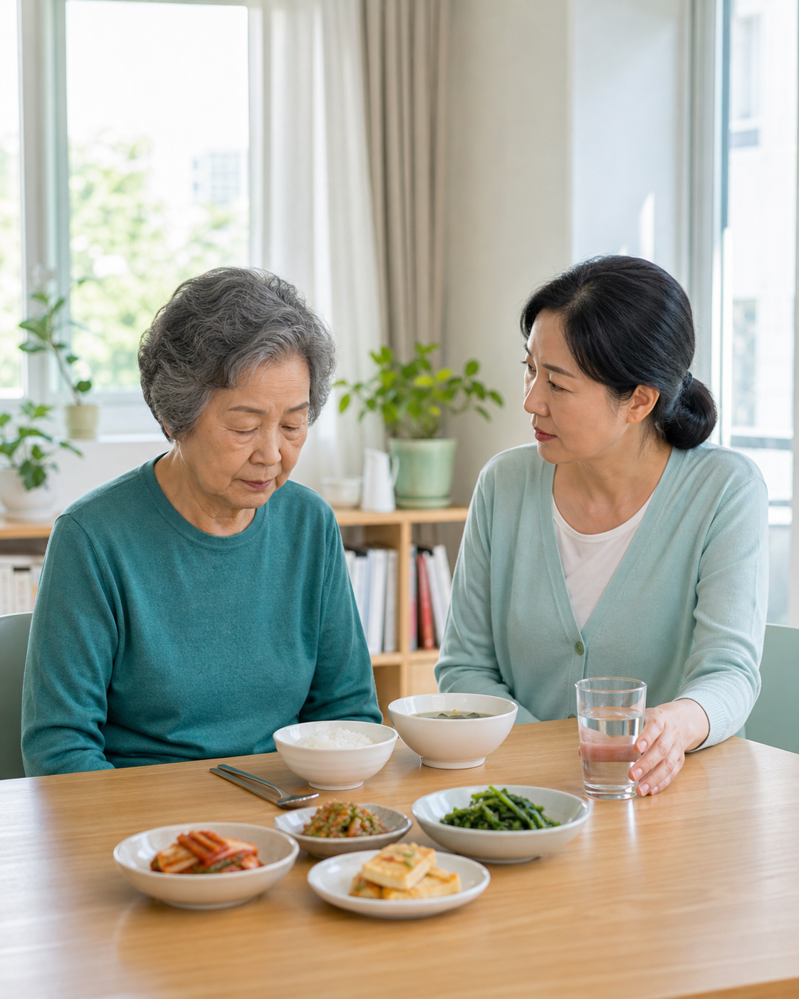 부모님 식탁에 남은 반찬과 가까이 놓인 물컵을 보는 중년 자녀와 부모님