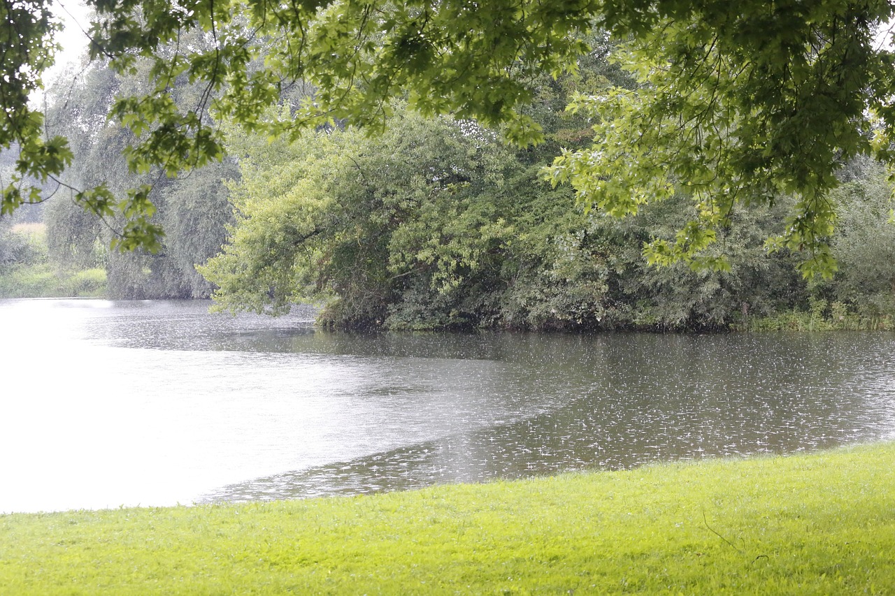 비 오는 날 호수 사진