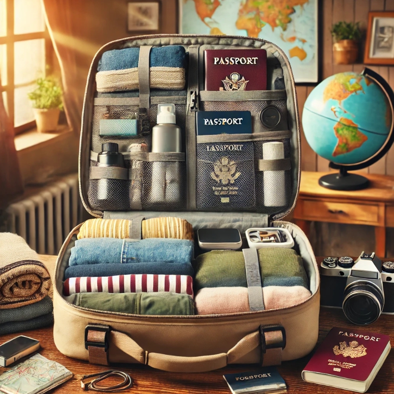 의류, 세면도구, 여행 서류, 전자기기 등 필수품으로 깔끔하게 포장된 장기 여행을 위한 잘 정돈된 여행용 백팩입니다. 백팩은 깔끔하게 말아서 만든 옷, 여권, 파워뱅크, 컴팩트한 여행 키트 등을 전시하고 있습니다