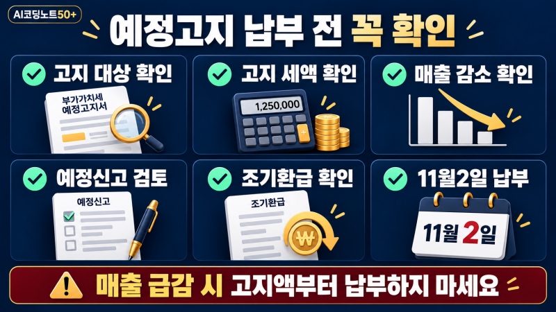 2026 개인사업자 부가세 예정고지 납부 전 고지세액 매출감소 예정신고 조기환급 납부기한 확인 체크리스트