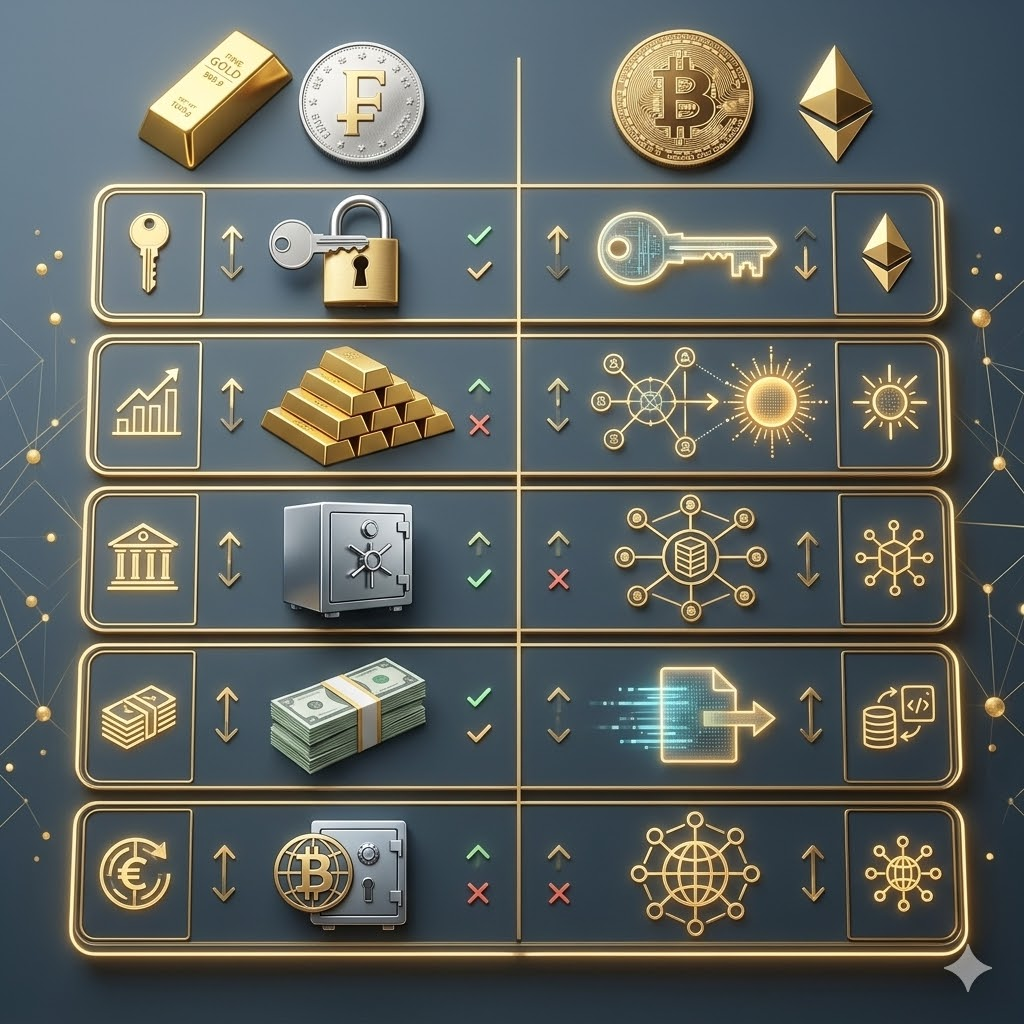 A high-quality 3D infographic table comparing 'Traditional Safe Haven Assets' (Gold bars, Swiss Franc) and 'Digital Safe Haven Assets' (Bitcoin, Ethereum). Professional wealth management style, sleek design, 1:1 ratio, no text inside.