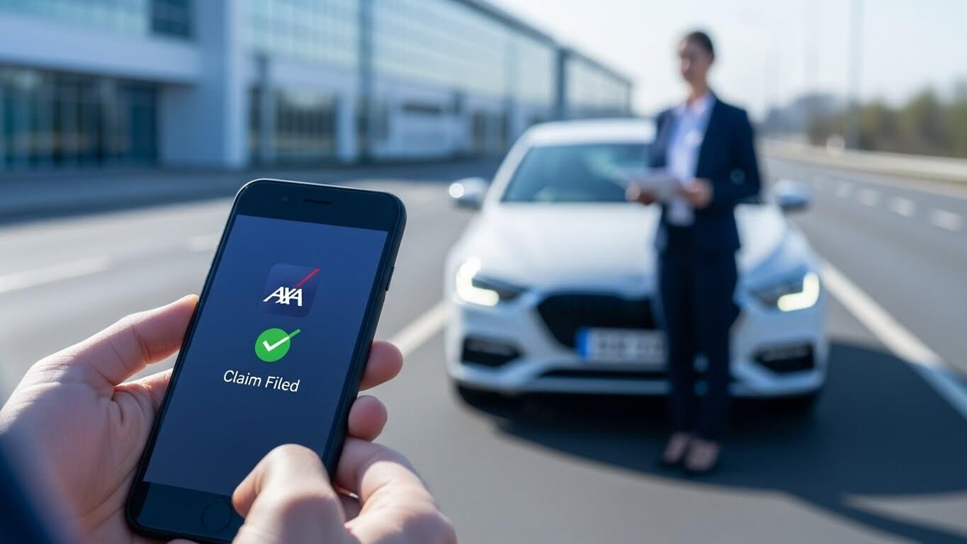 휴대폰화면에 AXA CLAIM 확인- 뒤편에 자동차 와 여성이 서있다