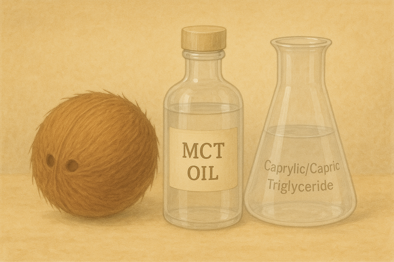 코코넛, MCT 오일병, 카프릴릭/카프릭트라이글리세라이드 플라스크 일러스트. C8·C10 중쇄지방산에서 유래한 화장품 원료를 보여줌