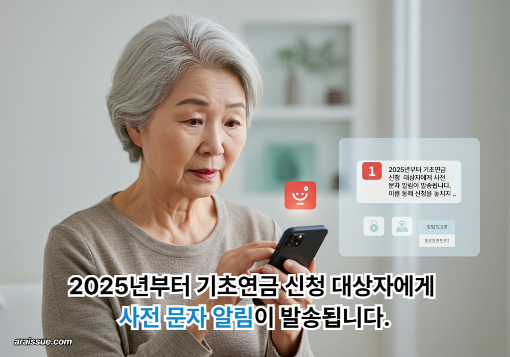 기초연금 신청을 위한 사전 문자 알림을 확인하는 노인의 모습