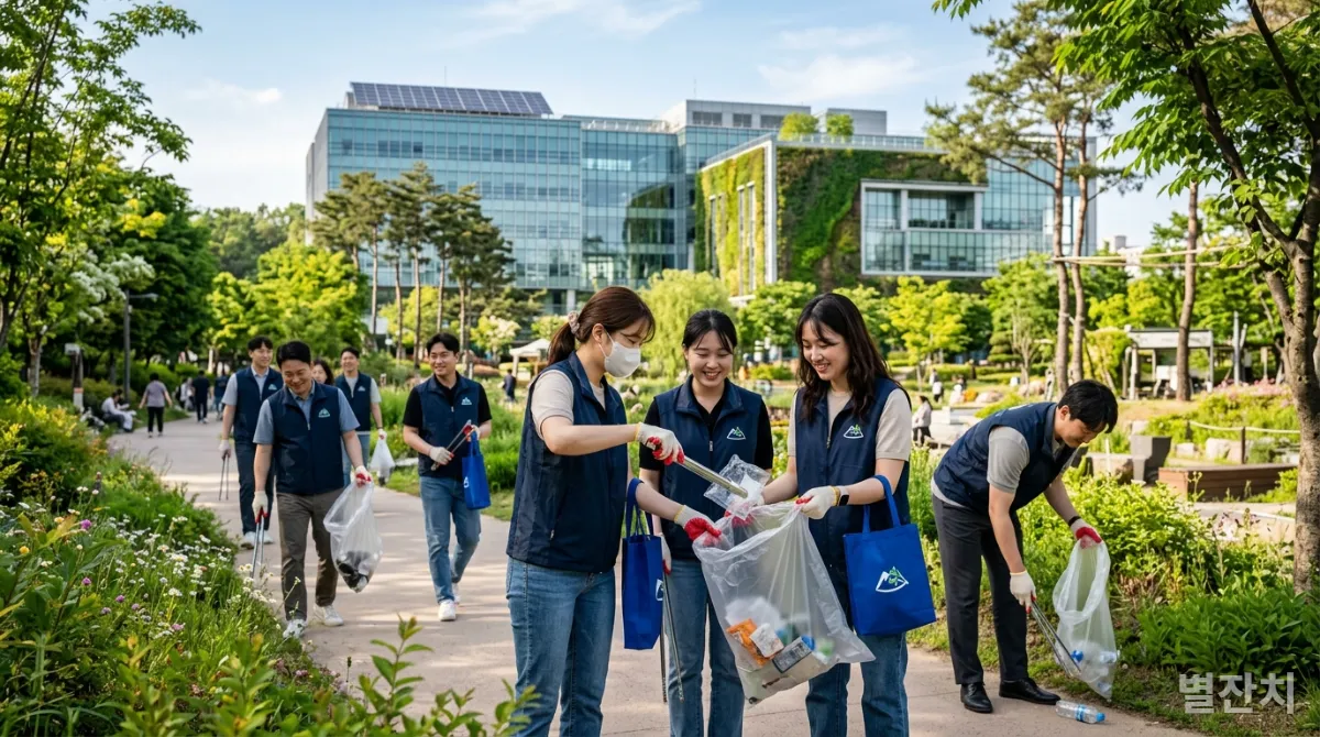 기업의 사회적 책임을 다하는 한국 기업 직원들이 지역사회 봉사활동을 하는 모습