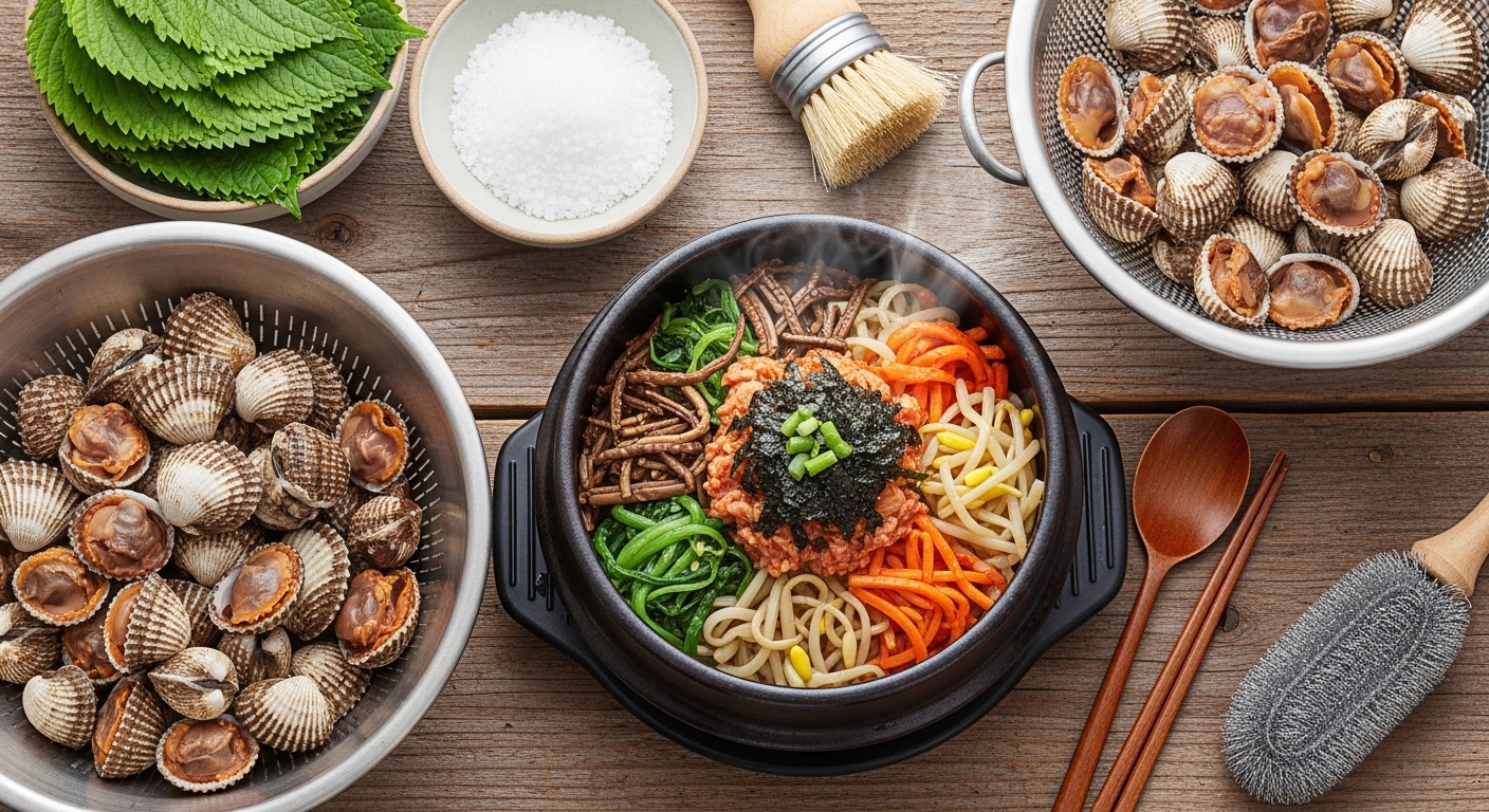 맛있게 비벼진 꼬막 비빔밥 한 그릇과 옆에 놓인 신선한 꼬막, 해감 및 세척 도구들이 정갈하게 놓여있는 모습