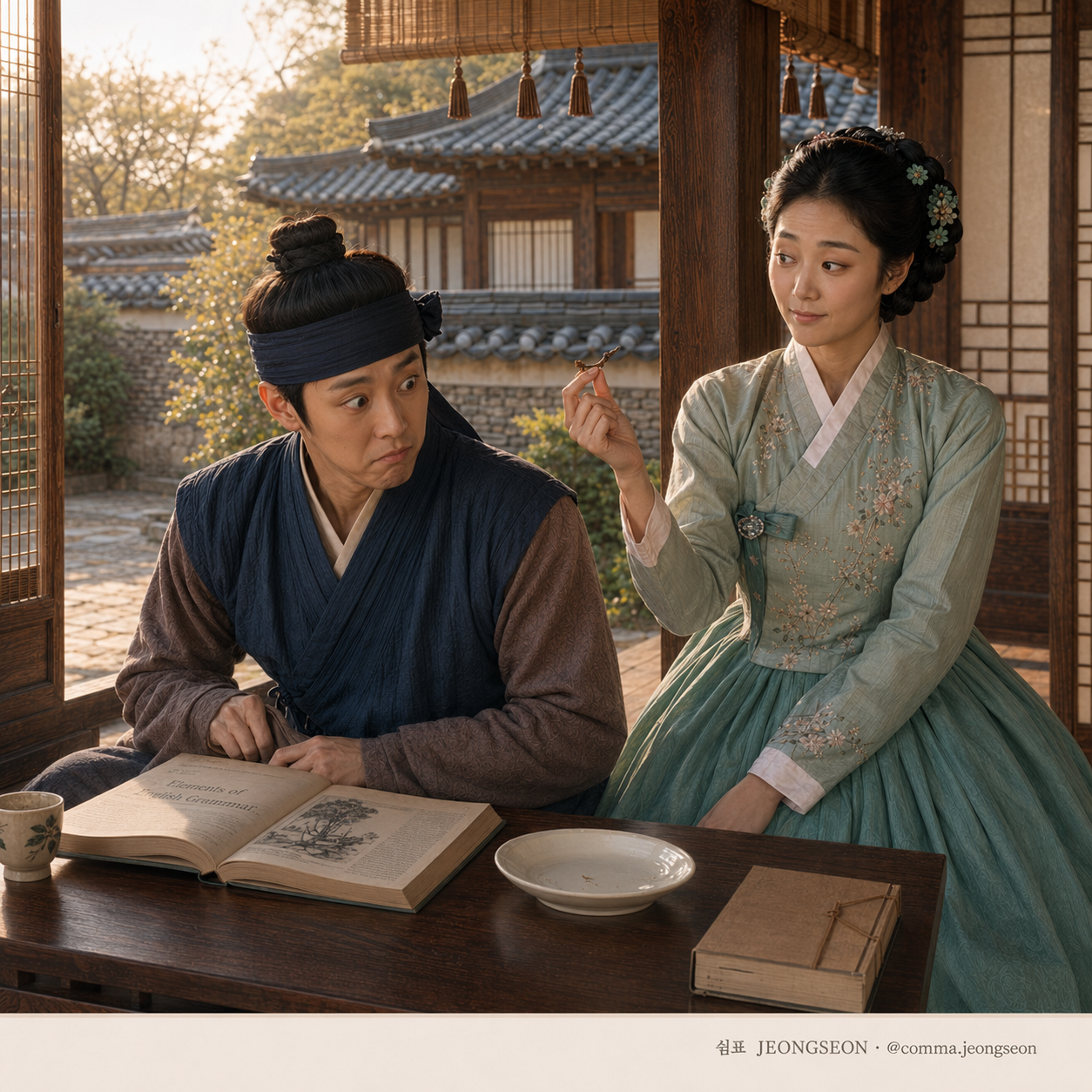 한옥 대청마루에서 마님이 소반 아래에서 발견한 사과 꼭지를 손끝으로 들어 보이고, 윤겸이 들킨 듯 당황한 표정으로 바라보는 장면