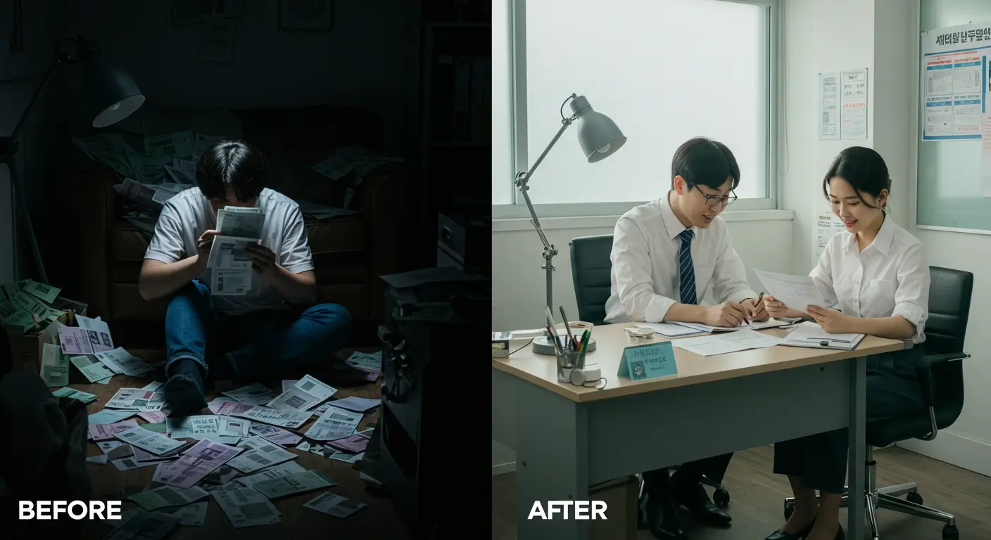 내구제 대출로 절망에 빠진 모습과 전문가 상담으로 희망을 찾는 모습의 비교