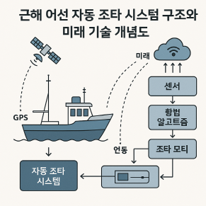근해 어선에 장착된 자동 조타 시스템의 작동 원리를 설명하는 기술 개념도. GPS, 조타 모터, 센서, 항법 알고리즘 등 구성 요소가 시각화된 다이어그램