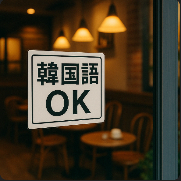 일본 카페에 붙은 “韓国語OK” 문구 스티커