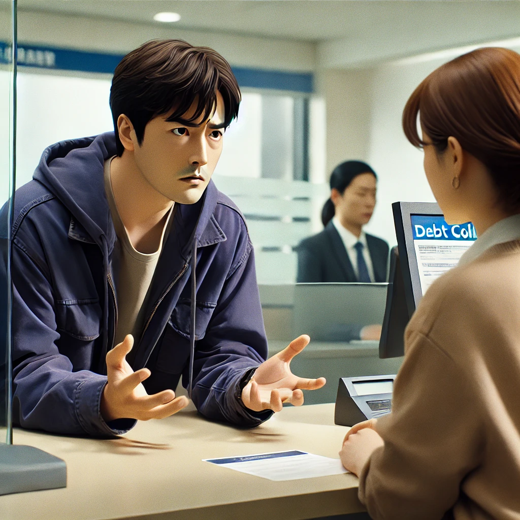 은행 창구에서 빚 독촉에 대해 항의하는 상속인