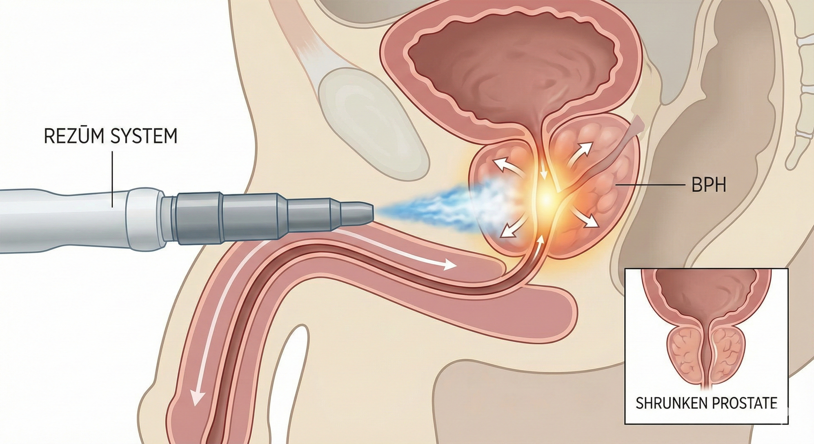 리줌 시스템이 수증기로 비대해진 전립선 조직을 정확히 축소시키는 과정을 보여주는 의료 일러스트.