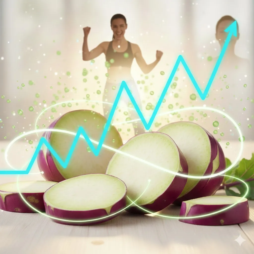 콜라비 조각 옆에 혈당 수치를 나타내는 그래프가 안정적으로 유지되는 모습이 그려져 있습니다. 콜라비가 혈당을 급격하게 올리지 않고 꾸준히 관리해 주는 역할을 한다는 메시지를 담아냅니다.