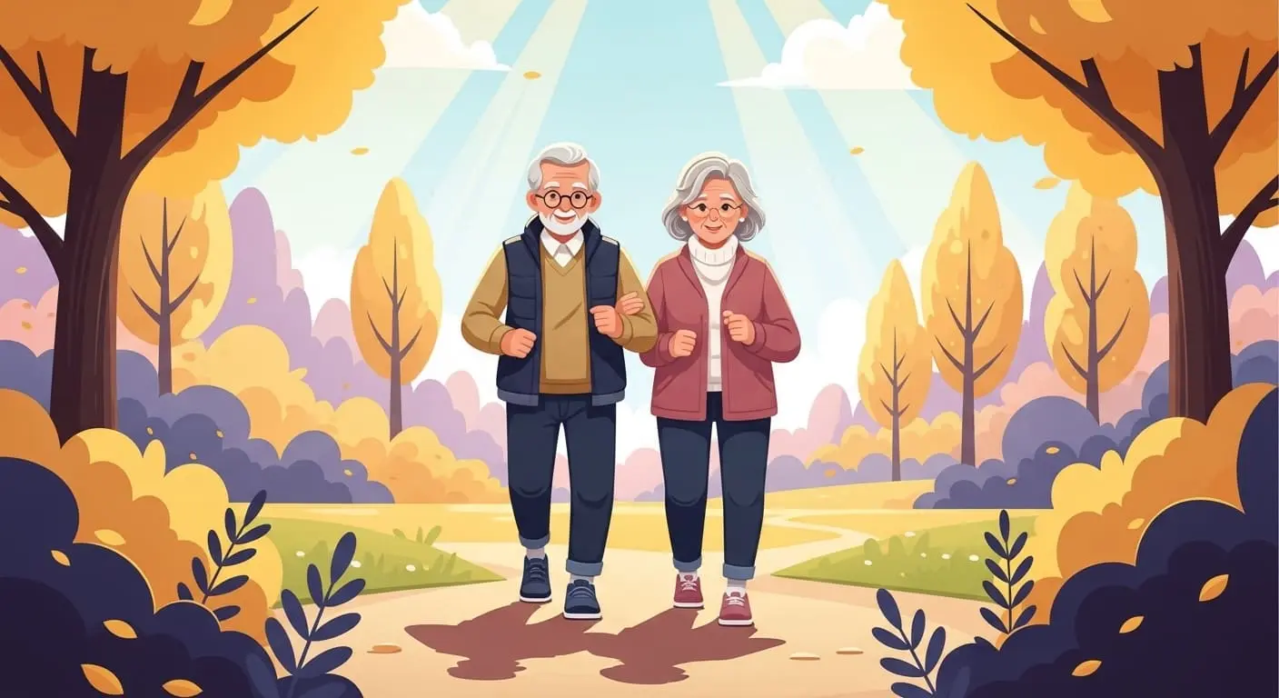 햇살 가득한 공원에서 활기차게 걷는 60대 부부. 뼈 건강을 위한 체중 부하 운동의 중요성을 상징합니다.