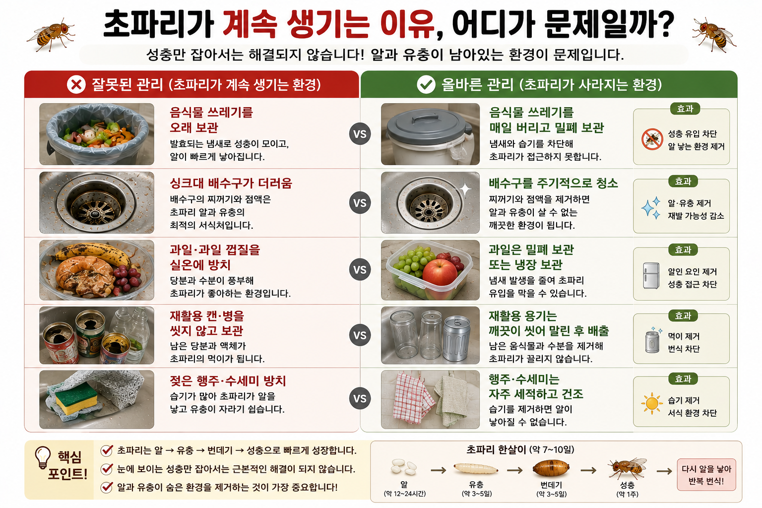 초파리가 계속 생기는 이유와 올바른 관리 방법 비교 이미지