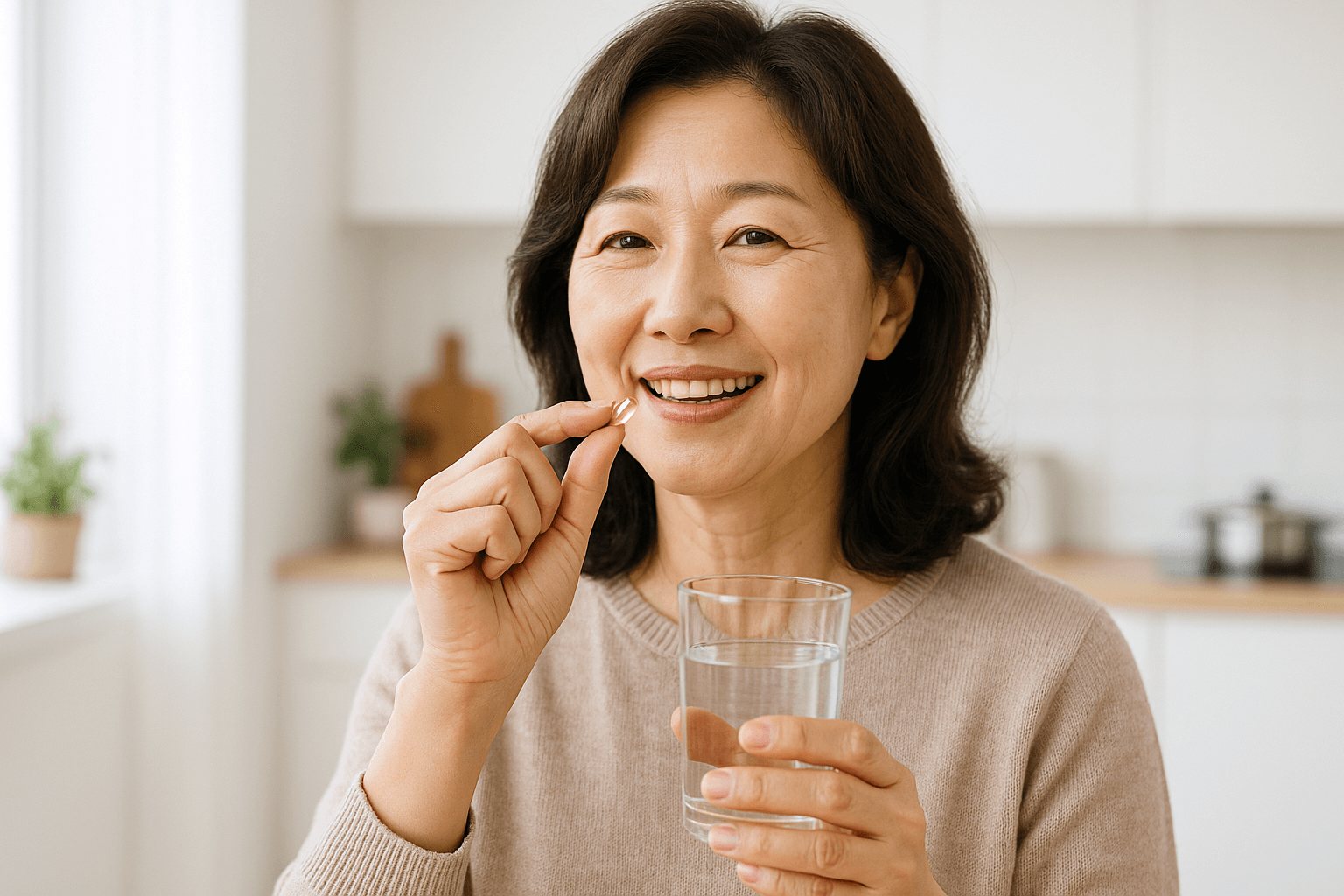 미소 짓는 중년 여성이 물 한 잔과 함께 영양제를 섭취하는 모습의 항산화 건강관리 라이프스타일 이미지