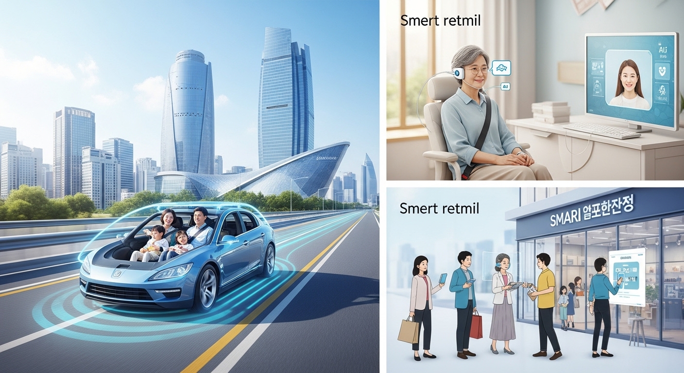 자율주행차, 스마트 헬스케어 등 엣지 컴퓨팅과 AI 기술이 적용된 한국의 미래 도시 생활 모습.