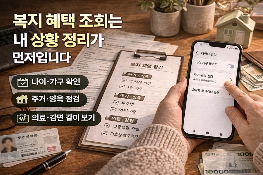 나이, 가구 형태, 주거비, 양육비, 의료비, 감면 항목을 기준으로 복지 혜택을 조회하는 방법을 보여주는 체크리스트형 이미지입니다.
