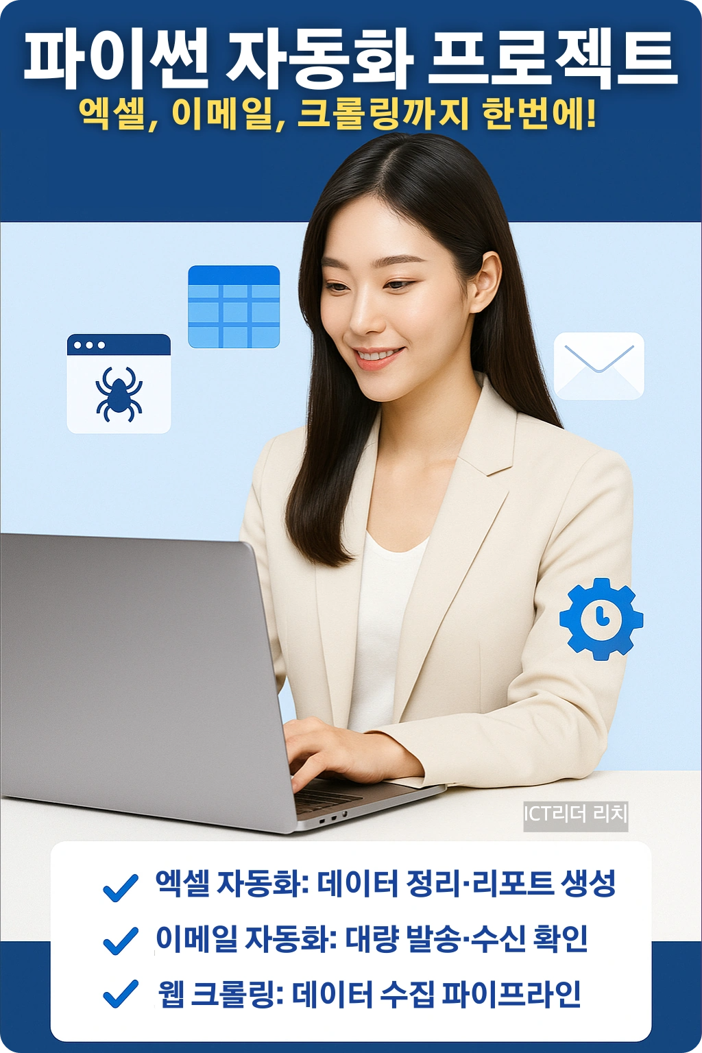 파이썬 자동화 인포그래픽: 노트북으로 업무 자동화를 수행하는 여성, 크롤링·스프레드시트·이메일 아이콘, 체크리스트 포함