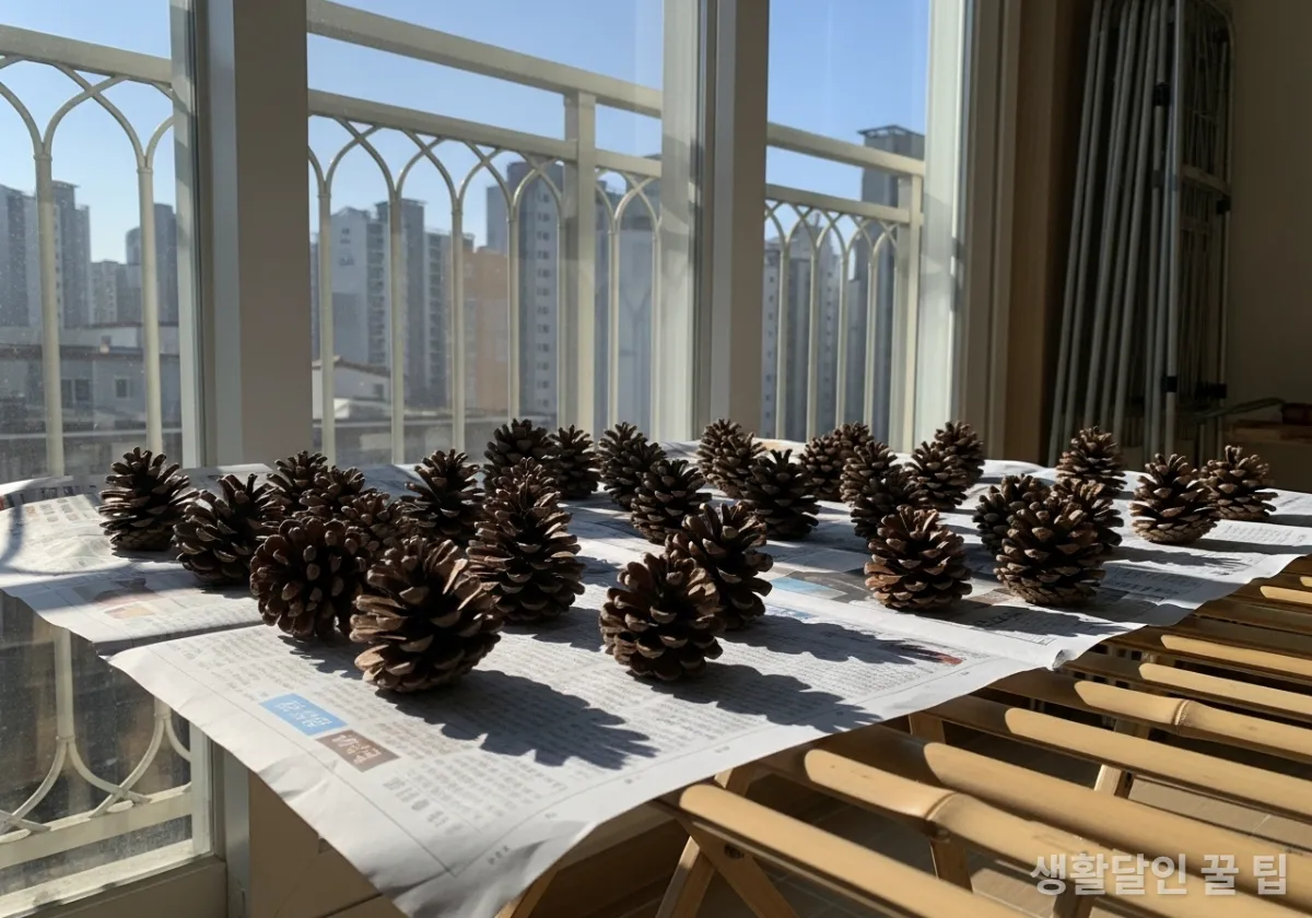 곰팡이 방지를 위해 베란다 햇볕 아래에서 뽀송뽀송하게 말리고 있는 솔방울들