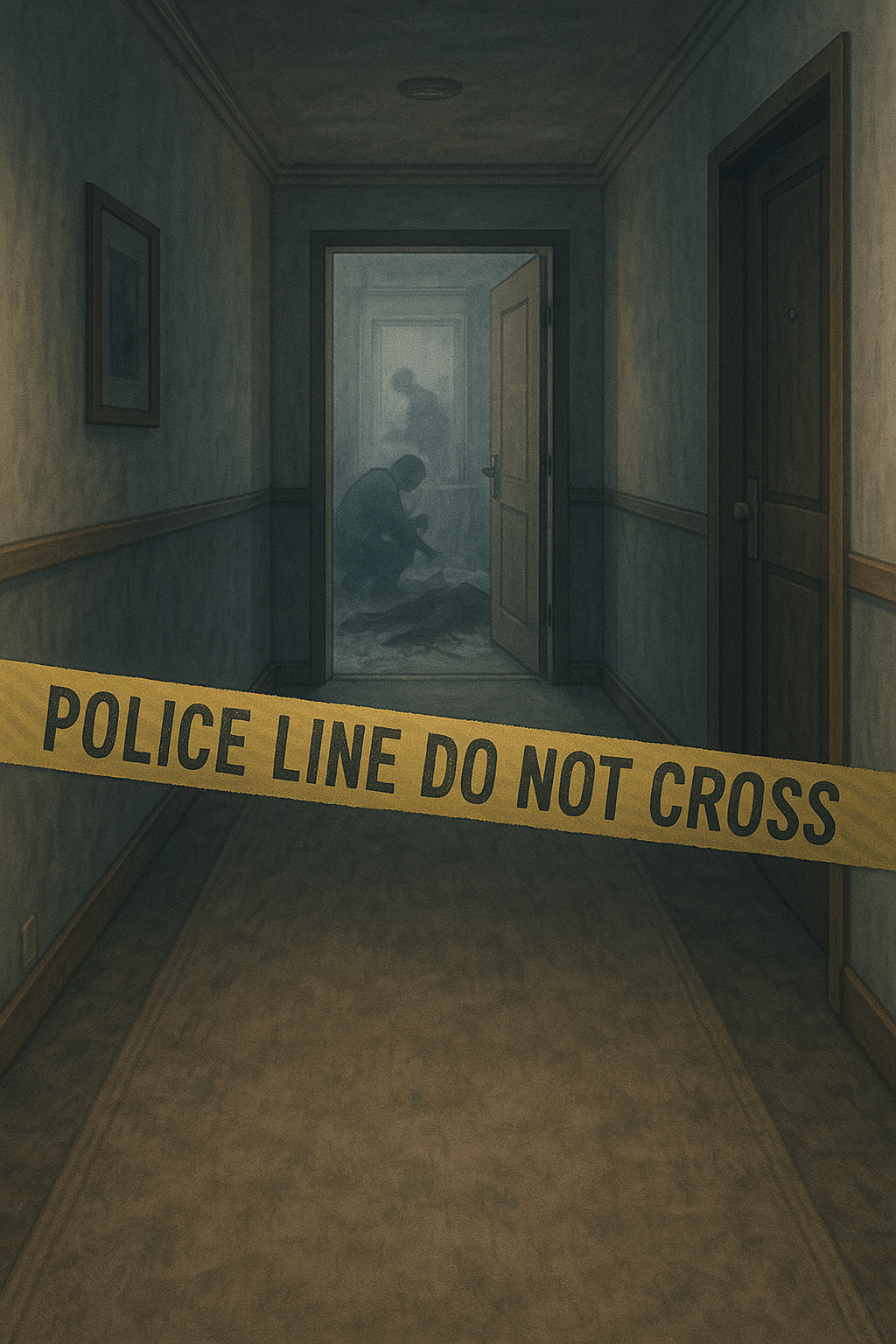 폴리스 라인이 쳐진 아파트 복도와 그 너머로 보이는 사건 현장의 모습