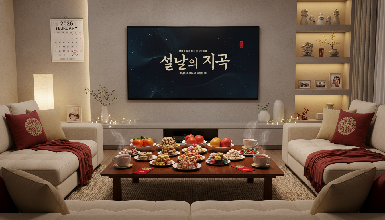 2026년 2월 설 연휴를 맞아 거실 TV 앞에 귤과 약과 등 명절 다과가 차려진 따뜻한 풍경