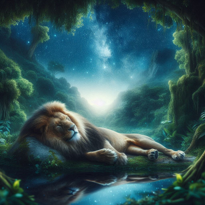 A lion relaxing amidst a beautiful sky full of clouds and glowing stars.