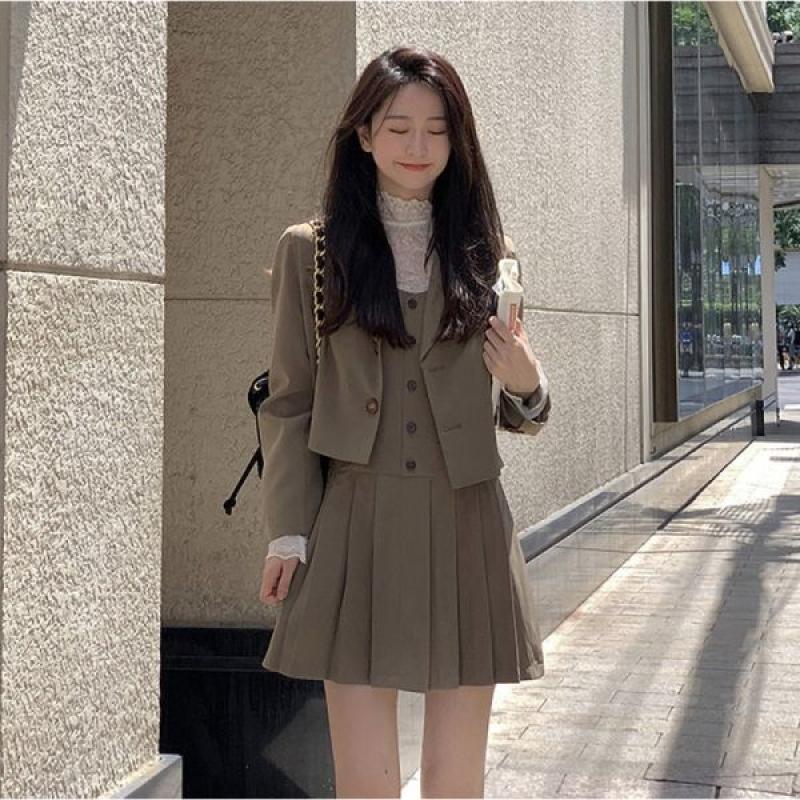 여성 정장 크롭 자켓 플리츠 원피스 세트 20대 캠퍼스 스쿨룩 미니 스커트 투피스