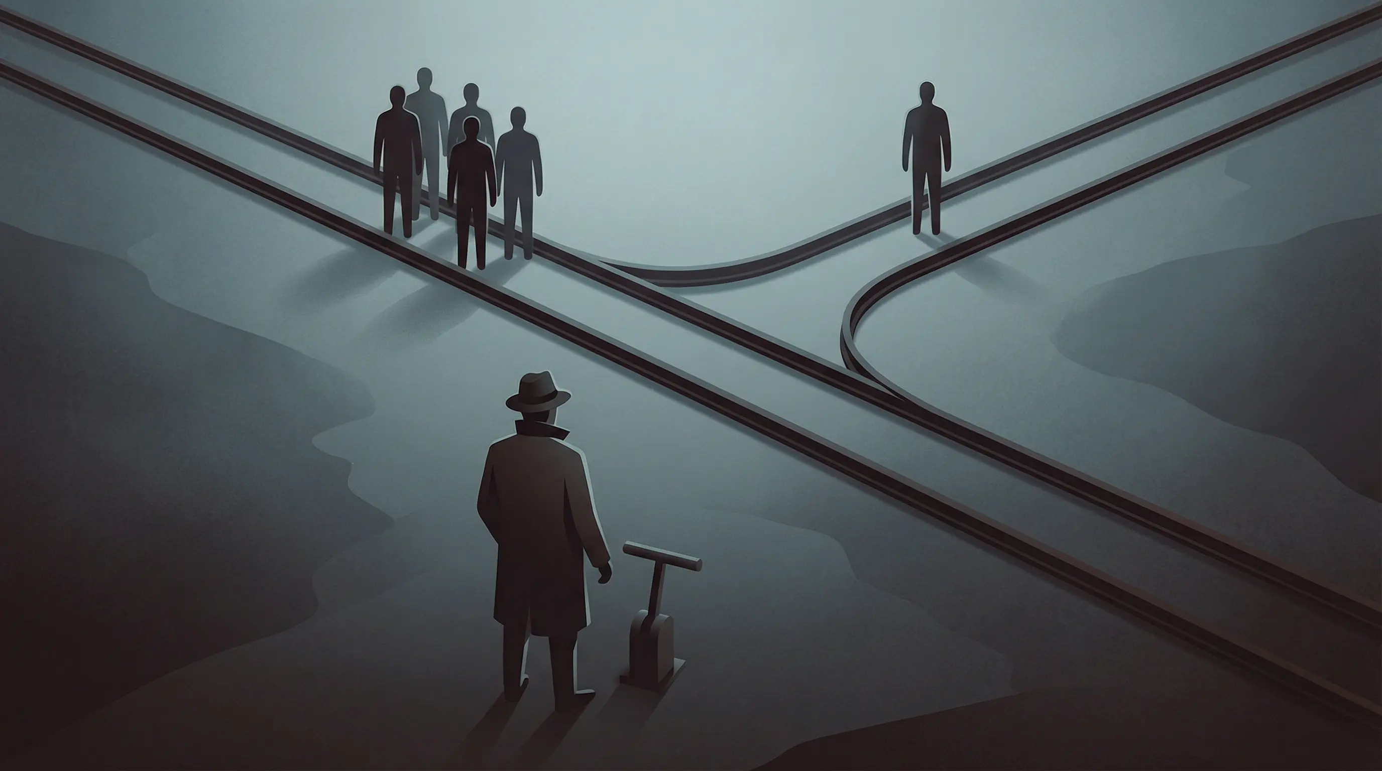 트롤리 문제에서 선택이 아니라 판단 기준이 갈라지는 구조를 보여주는 사고 실험 이미지