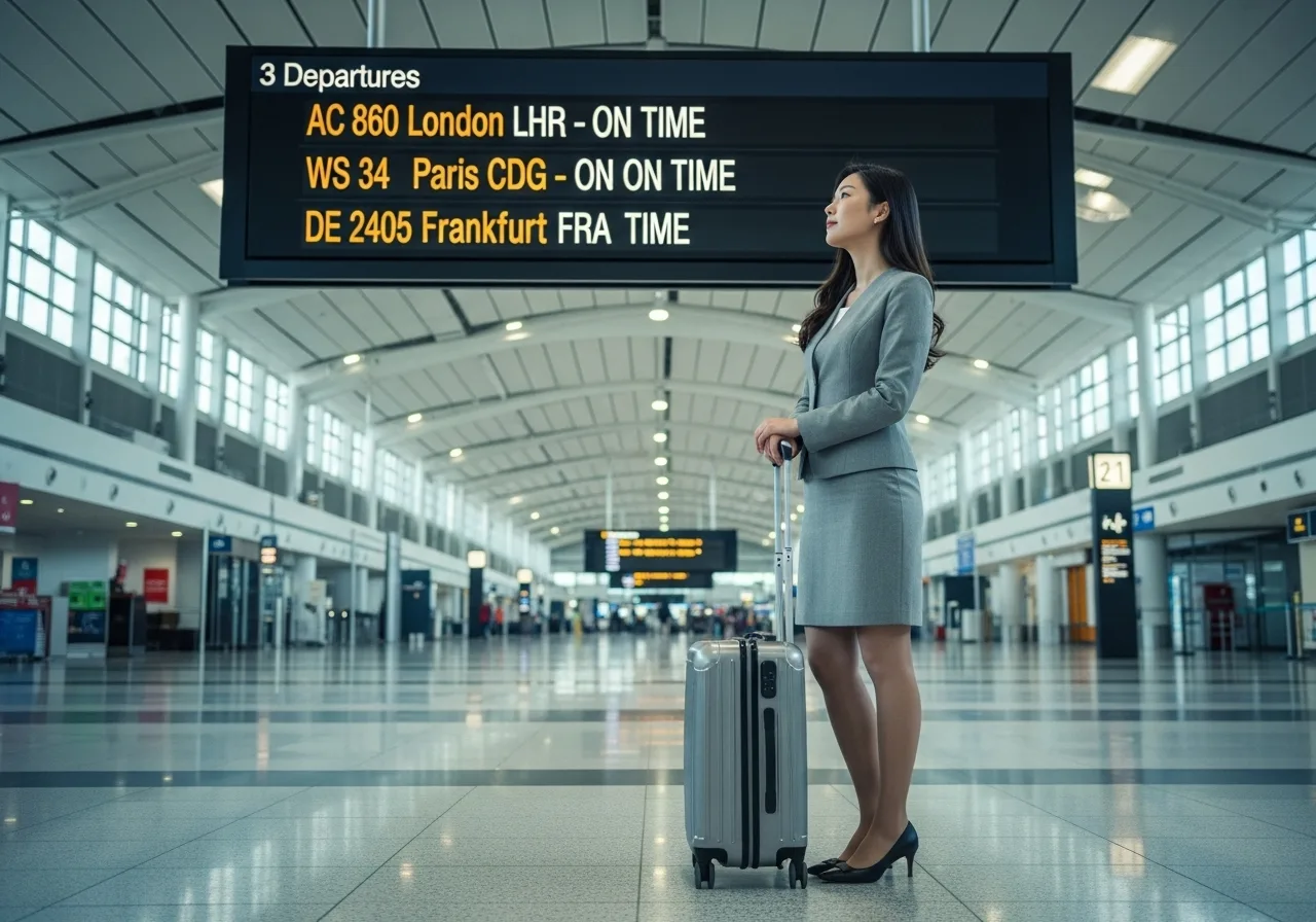 세련된 차림의 젊은 한국인 여성이 공항 출발층에서, 유럽행 도시들이 표시된 거대한 항공편 안내판을 바라보고 있다.